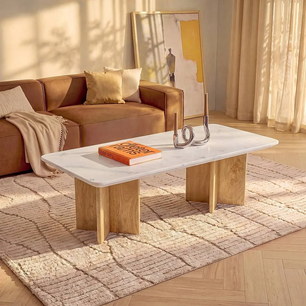 Vente-unique Coffee Table In Marble & Mango Wood - White & Light Natural