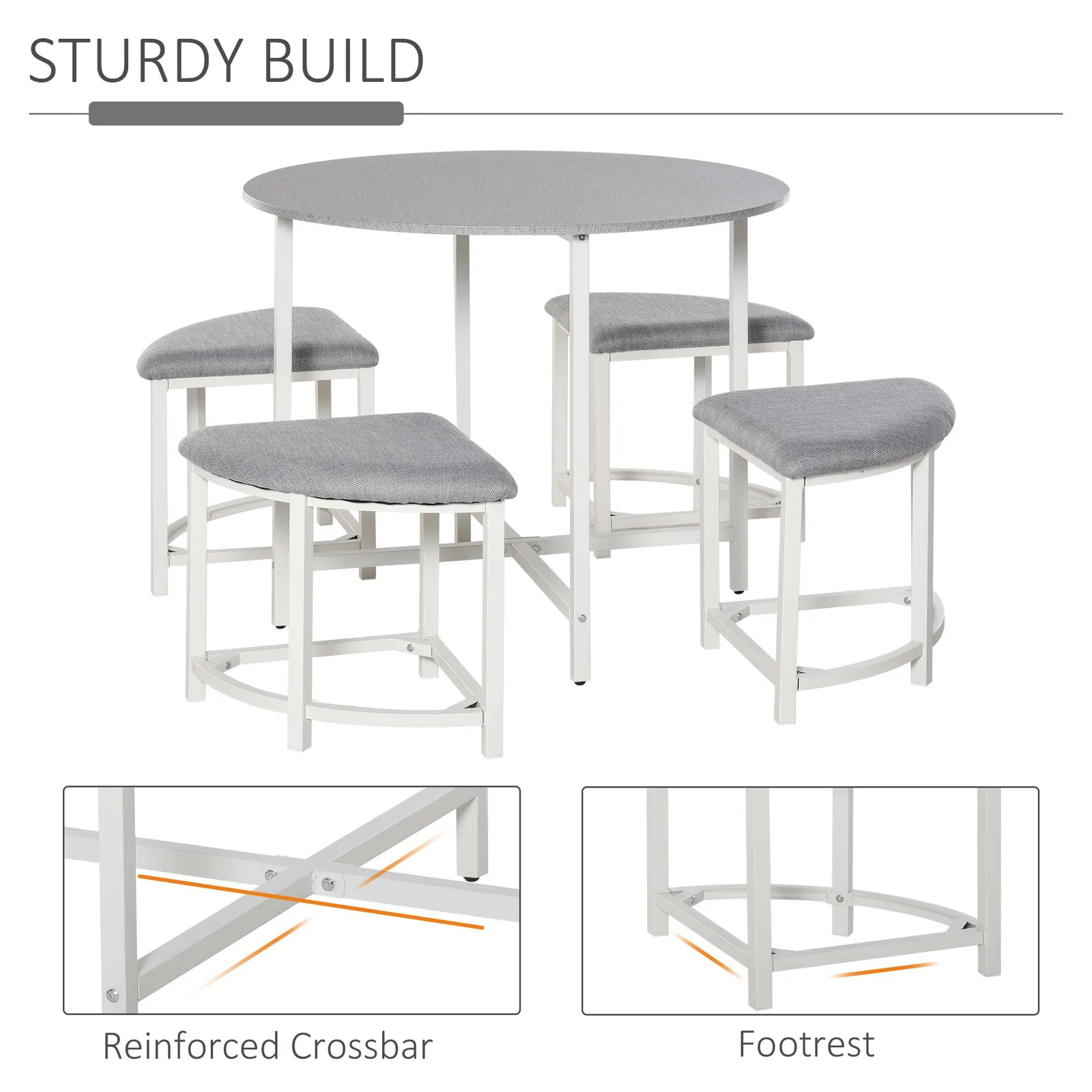 HOMCOM Modern Round Dining Table Set with 4 Upholstered Stools for Dining Room in Grey 6