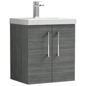 Nuie Arno Anthracite Woodgrain Wall Hung 2 Door Vanity Unit & Basin - 579 x 510mm