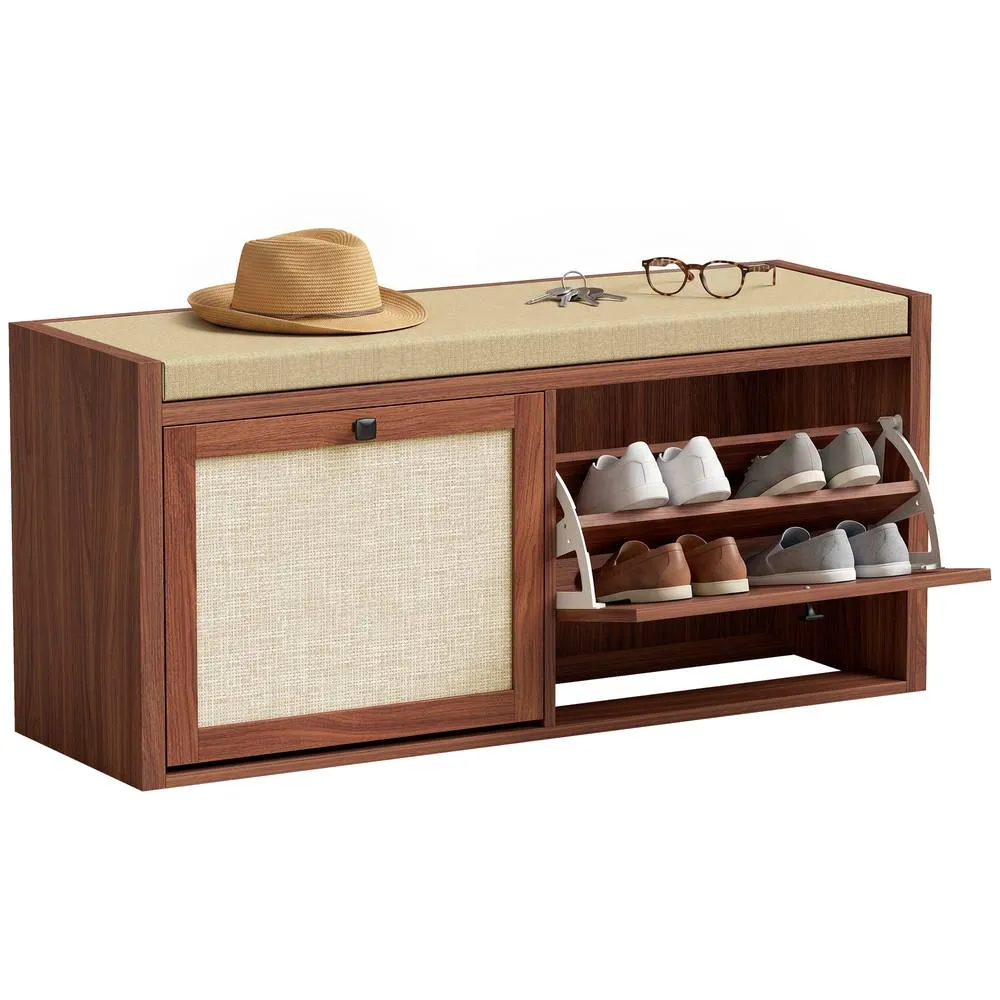 HOMCOM Rattan Shoe Bench with Padded Cushion & 2 Cabinets, Brown