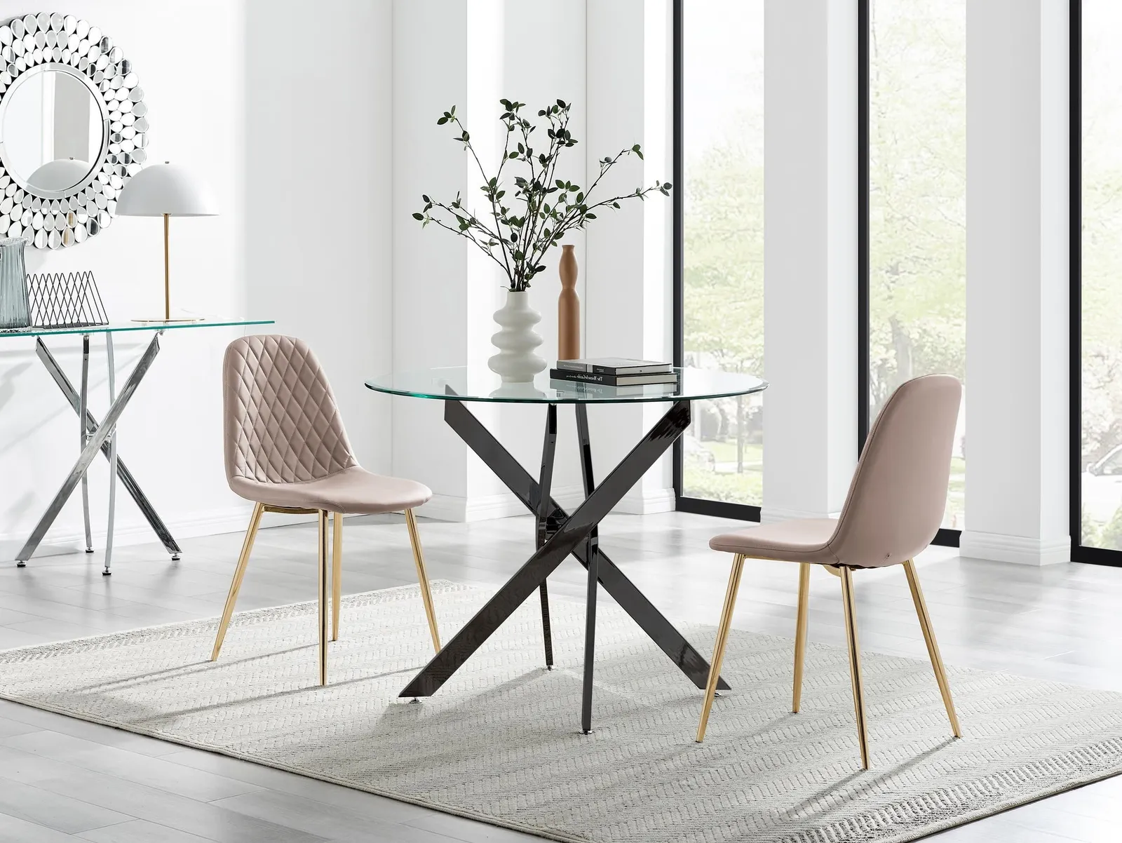 FurnitureboxUK Novara 100cm Round Black Leg Dining Table & 2 Corona Gold Chairs in Beige
