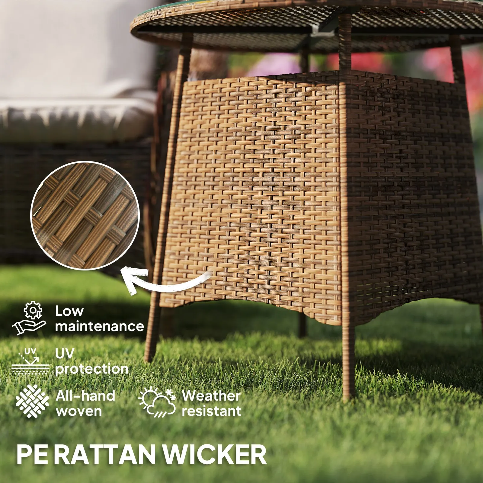 OUTSUNNY Wicker Garden Rattan Table with Umbrella Hole & Tempered Glass Top in Brown 4