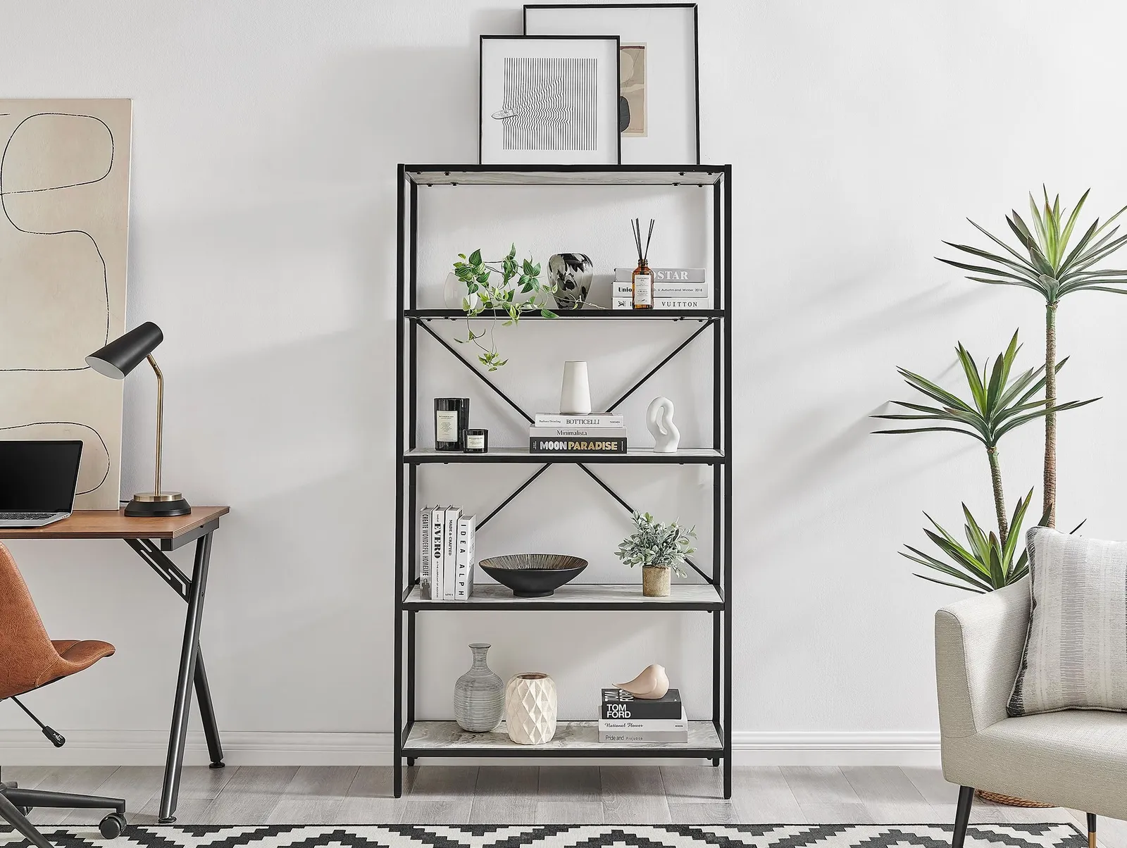 FurnitureboxUK Ashton Industrial Black Metal Box Shelf Unit With 5 Scratch Resistant Melamine Coated Shelves Supporting 10KG Each in Off-White 4