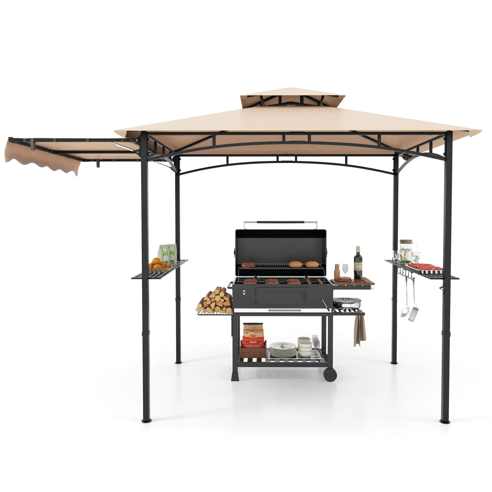 Costway 318x153cm Grill Gazebo Outdoor Barbecue Canopy Tent w/Side Awning in Beige 4