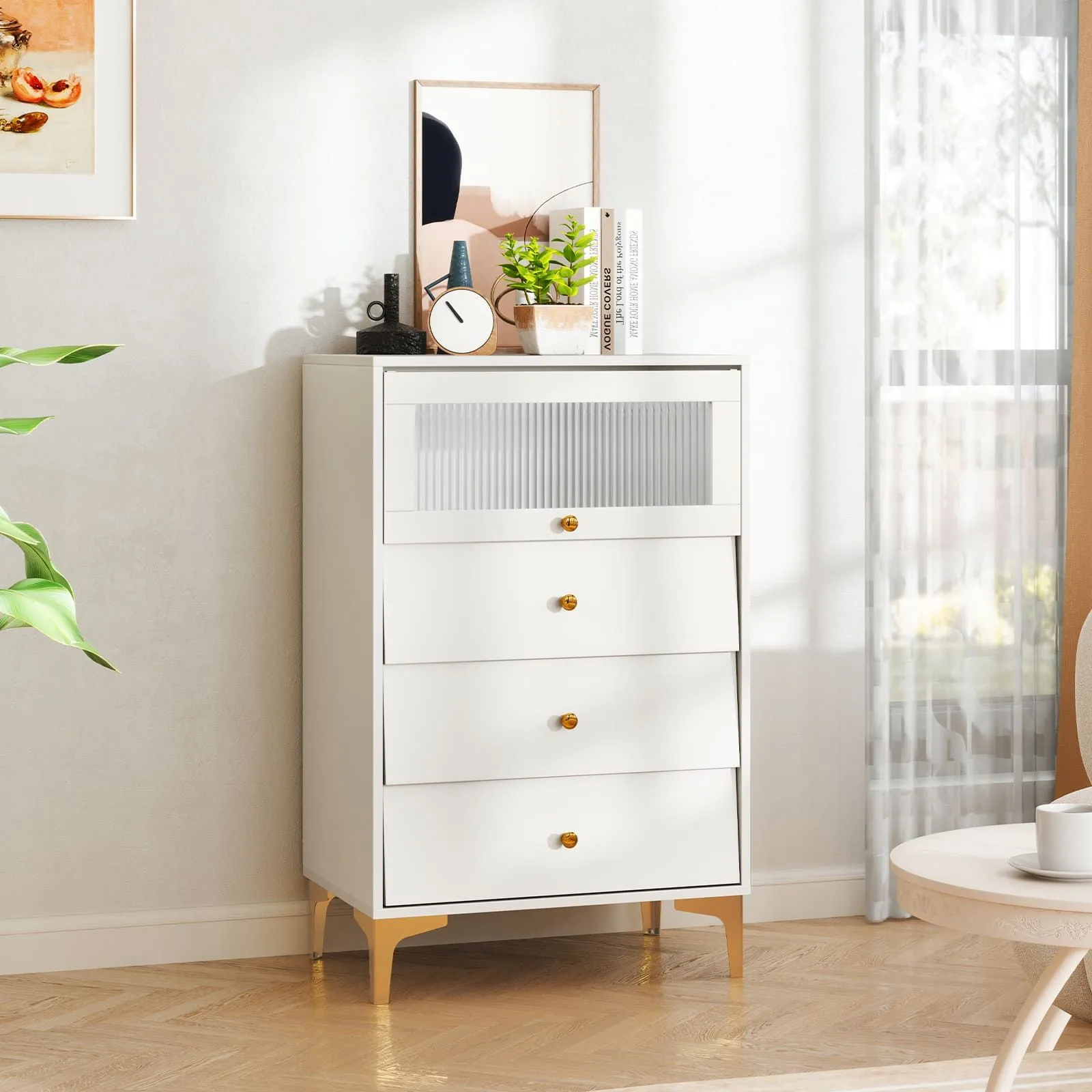 Costway 3 Drawer Dresser Modern Storage Cabinet w/ Flip Up Fluted Glass Door in Grey 4