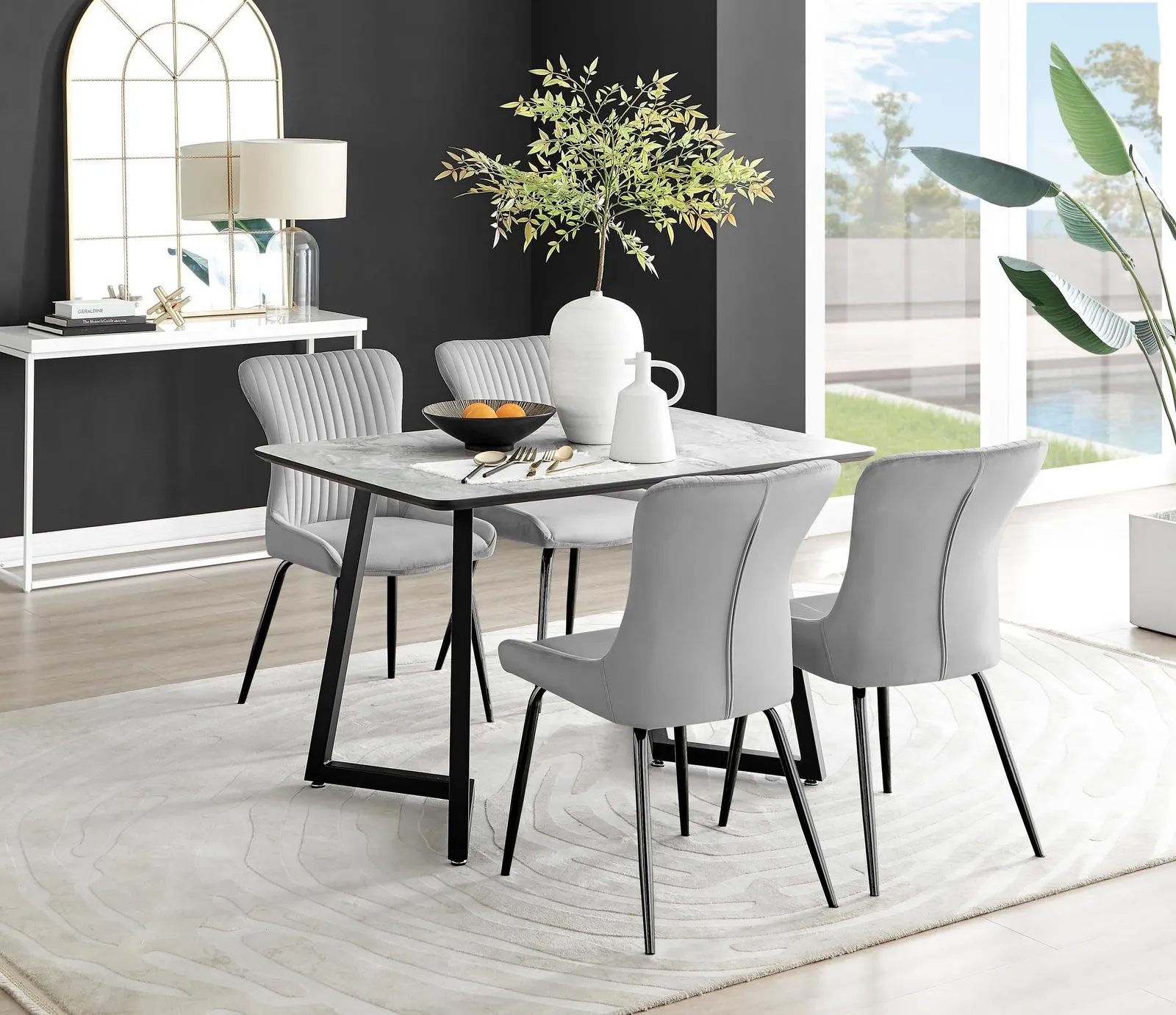 FurnitureboxUK Carson White Marble Effect Dining Table & 4 Nora Black Leg Chairs in Light Grey 1