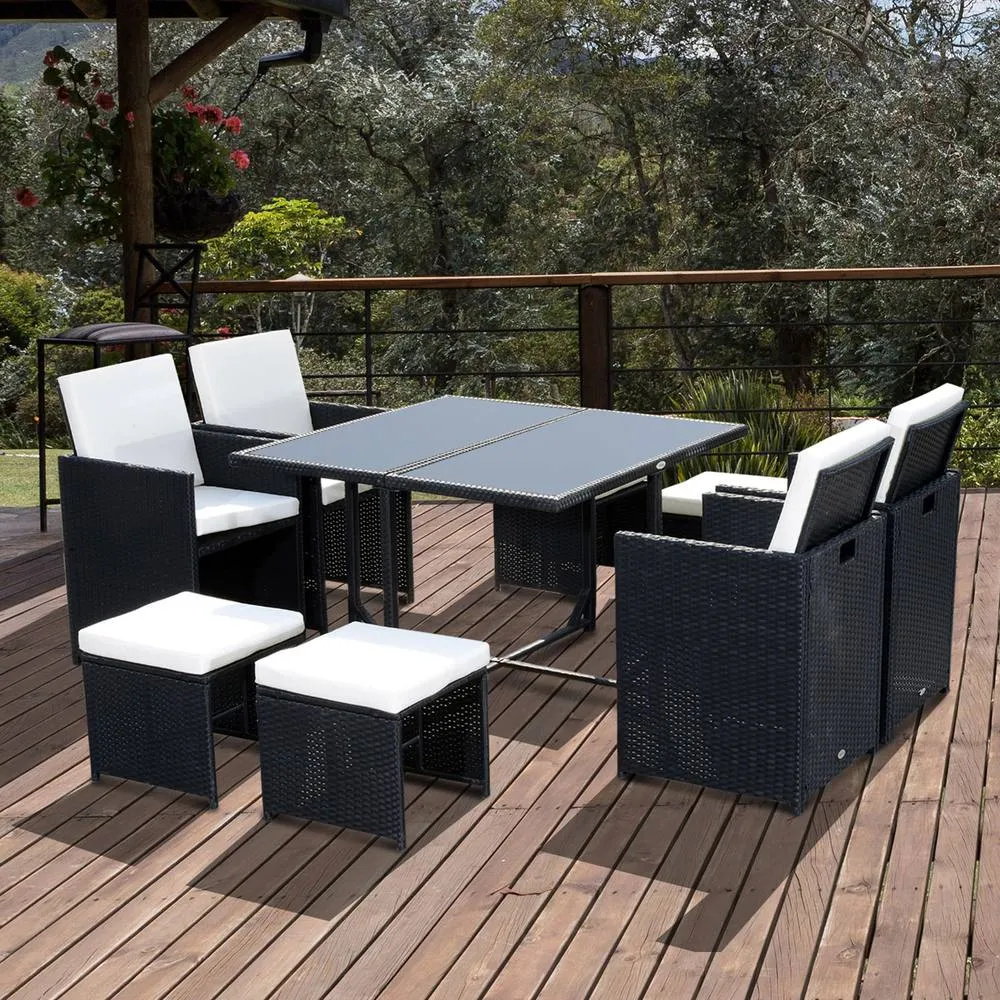 OUTSUNNY 8 Seater Cube Rattan Garden Furniture Dining Set with Cushions in Black 1