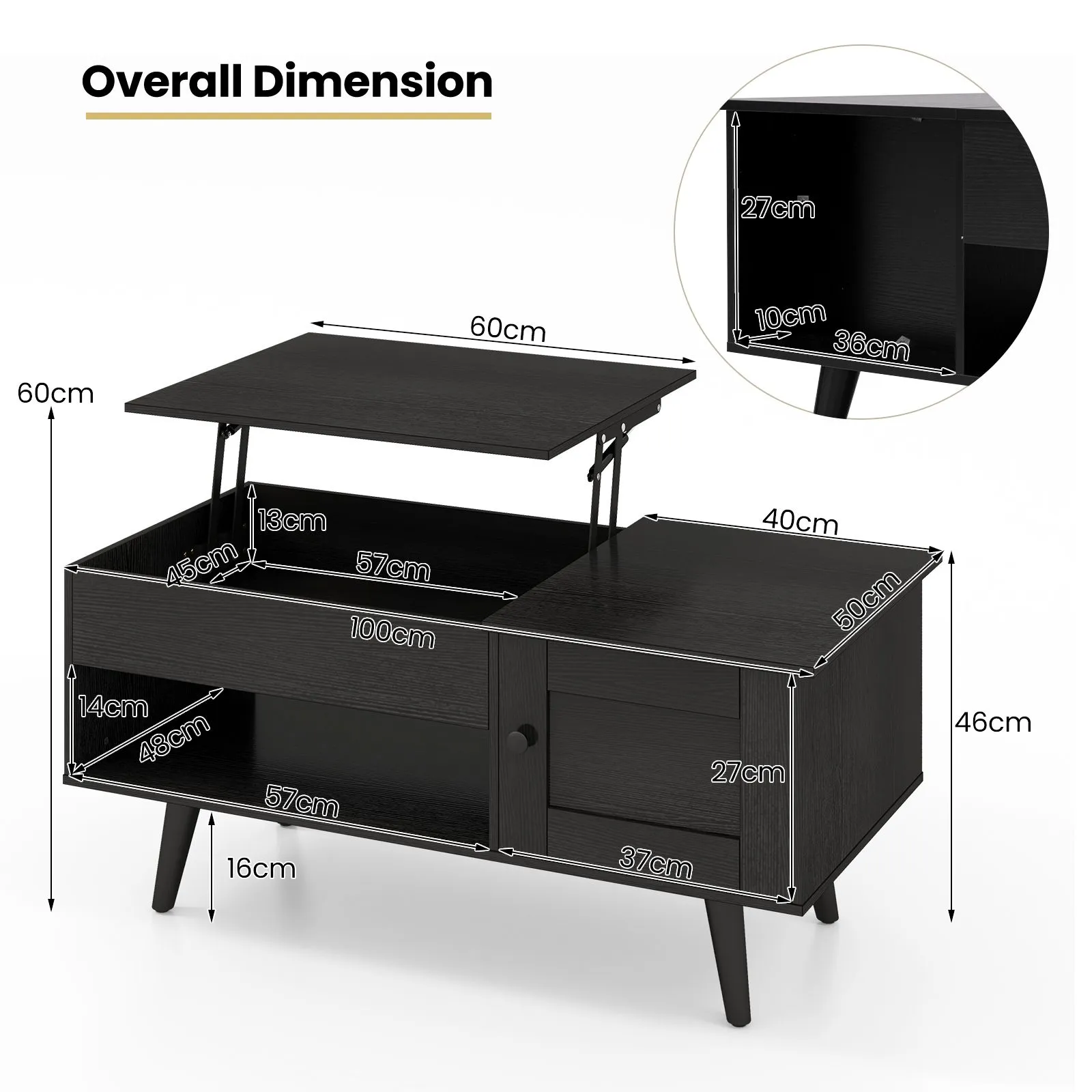 Costway Lift Top Coffee Table Pull up Coffee Table with Storage in Black 2
