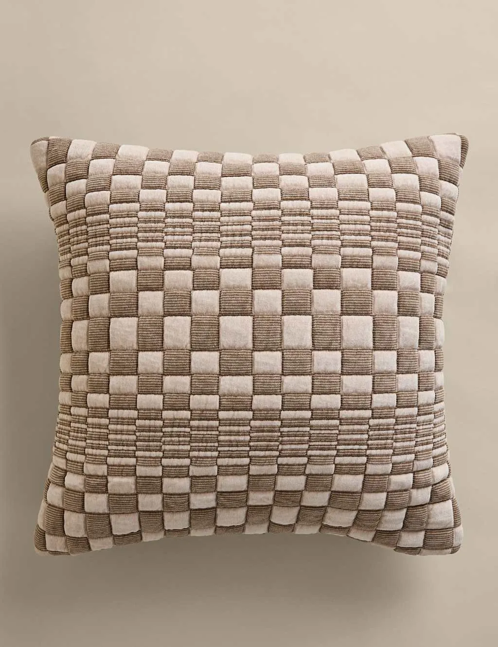 M&S Chenille Checked Quilted Cushion Natural Mix