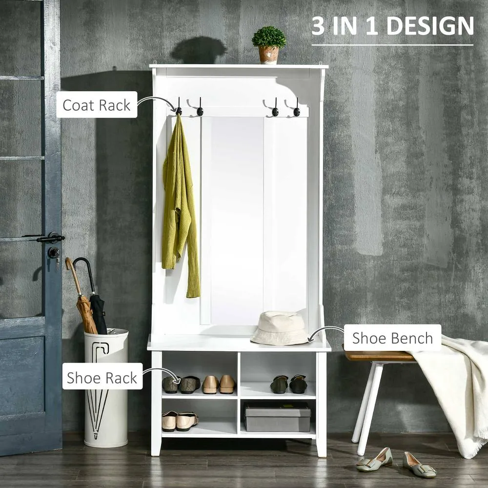 HOMCOM Hallway Furniture Set Shoe Bench Storage Mirror Cabinet Coat Rack in White 4