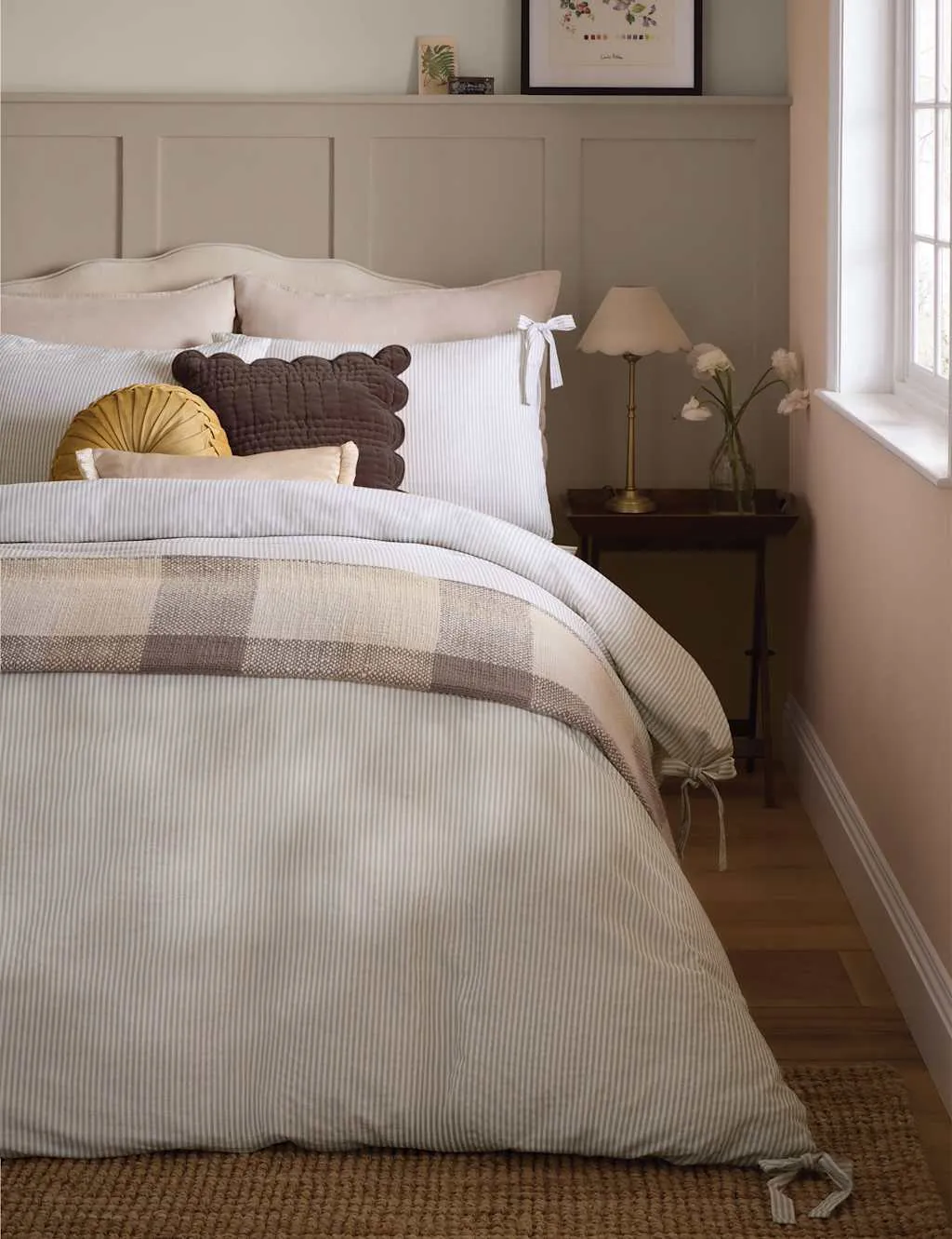 Laura Ashley 2 Pack Cotton Rich Cornish Stripe Pillowcases Oatmeal Mix