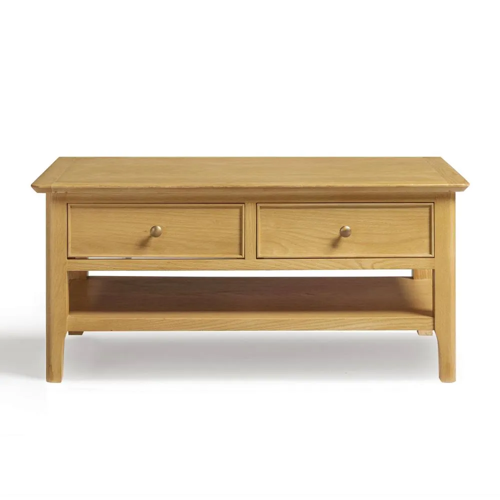 FurnitureboxUK Belle 2 Drawer Rectangular Solid Oak Wood Coffee Table in Light Brown 3
