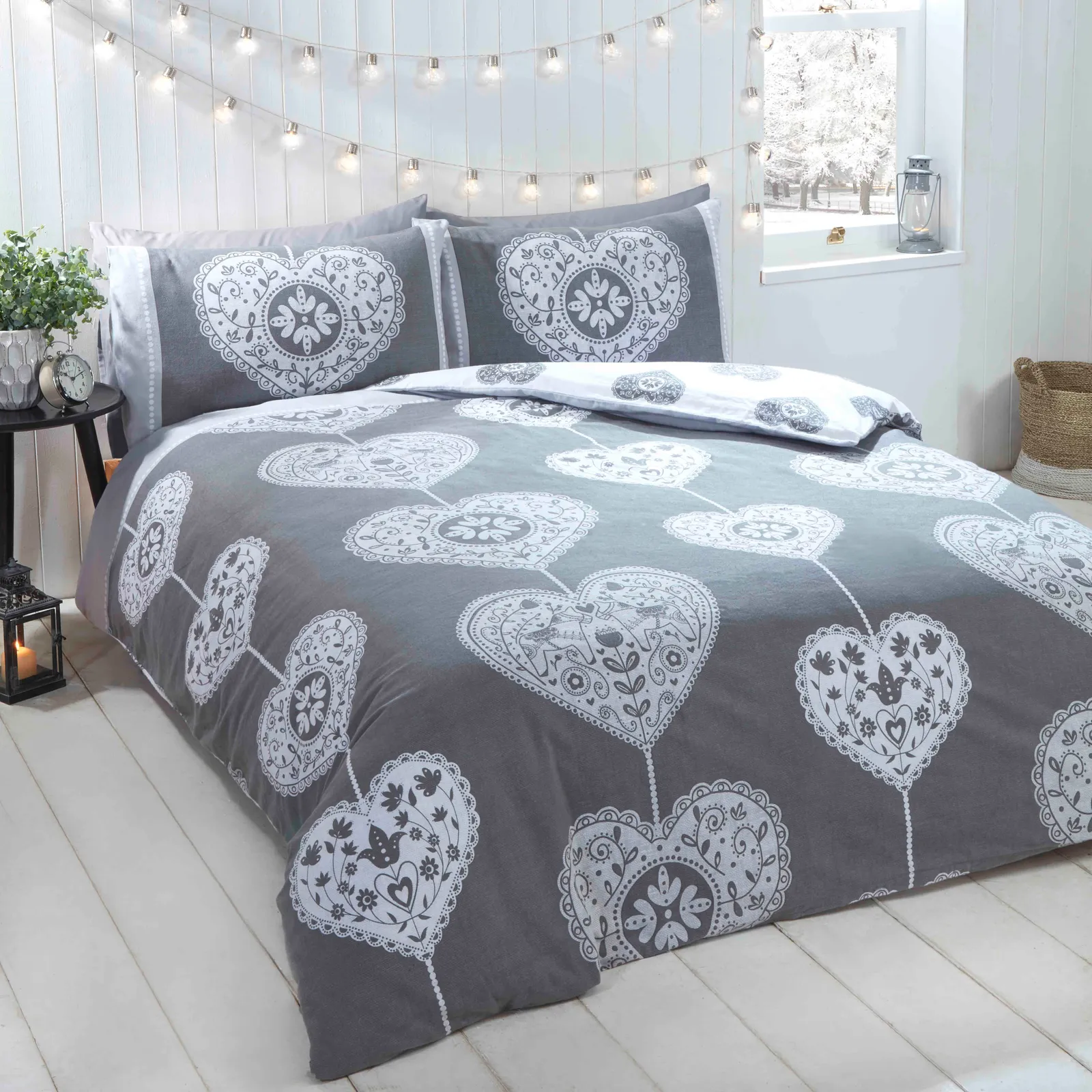Rapport Home Scandi Heart Pure Cotton Duvet Cover Set with Pillowcase in Grey