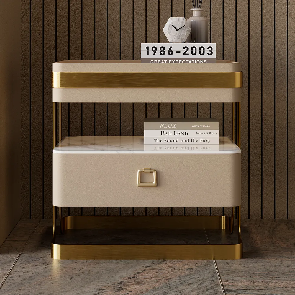 Modern Tempered Glass Bedside Table with Sintered Stone Shelf Bedside Table with Drawer