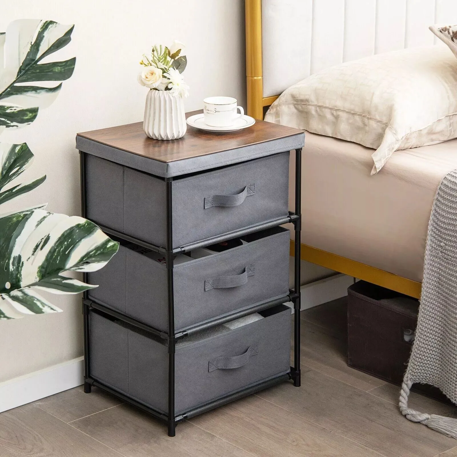 Costway 3 Chests of Drawers 3-Tier Nightstand Organizer Fabric Dresser with Metal Frame in Grey 3