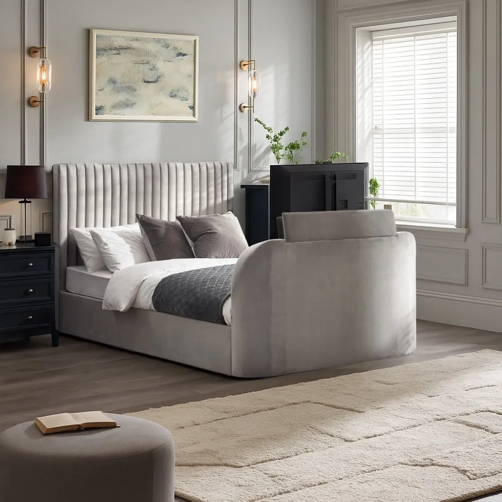 Croft - Super King Size - TV Bed with Storage Compartment - Light Grey - Velvet - 6ft - Happy Beds