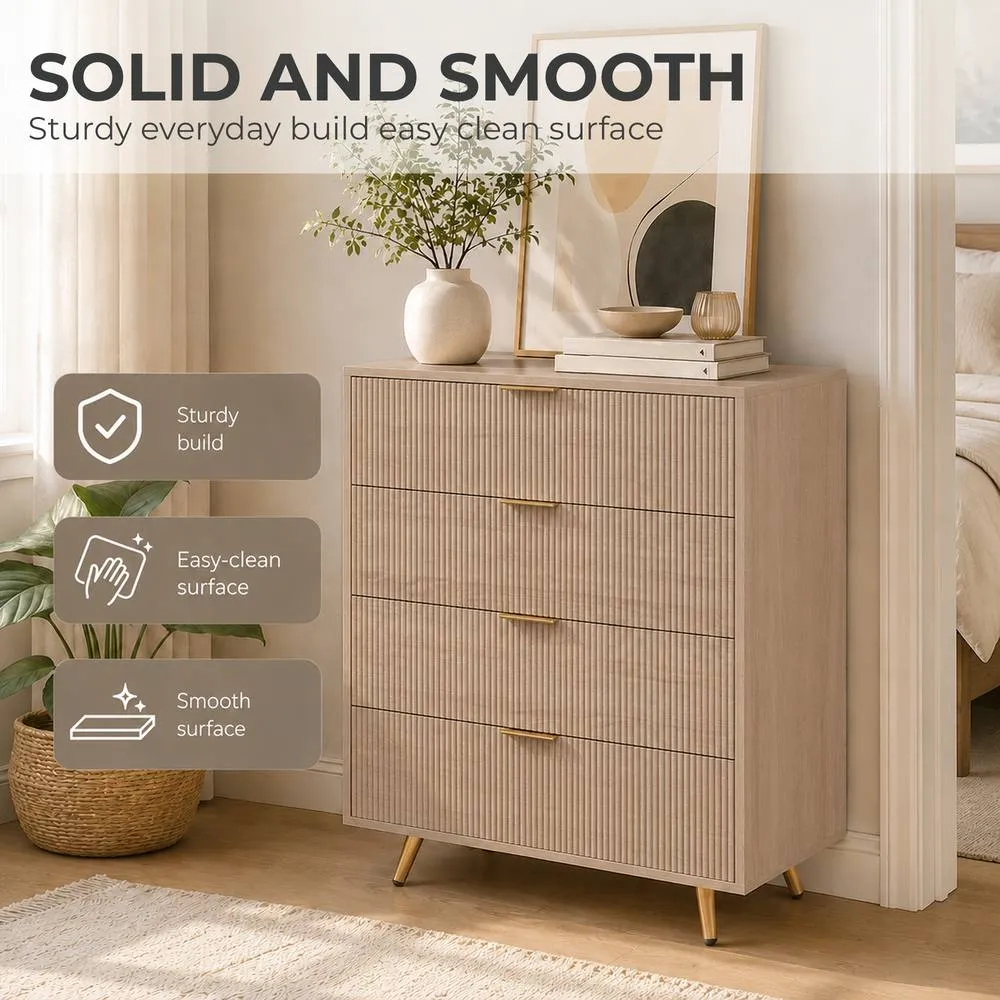 HOMCOM Bedroom Chest of Drawers with 4 Drawers & Gold-Tone Handles Natural 6