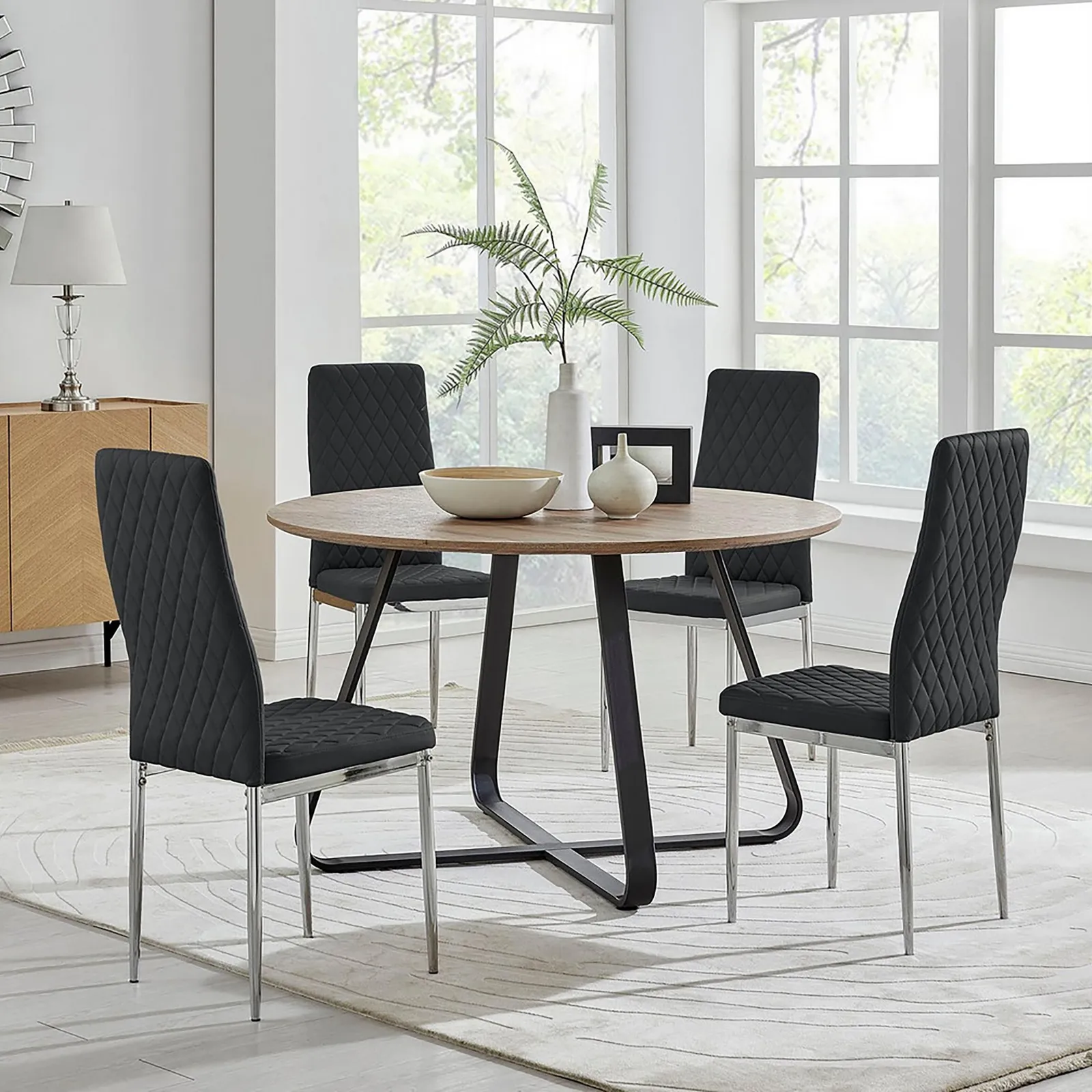 FurnitureboxUK Santorini Brown Wood Contemporary Round Dining Table & 4 Milan Chairs Set in Black 1