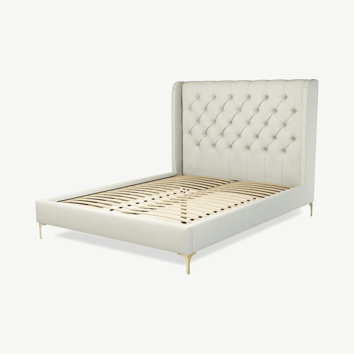 Romare King Size Bed, Putty Cotton with Brass Legs