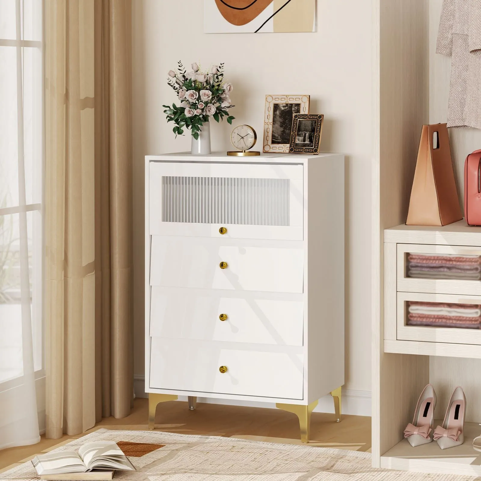 Costway 3 Drawer Dresser Modern Storage Cabinet w/ Flip Up Fluted Glass Door in Grey 6