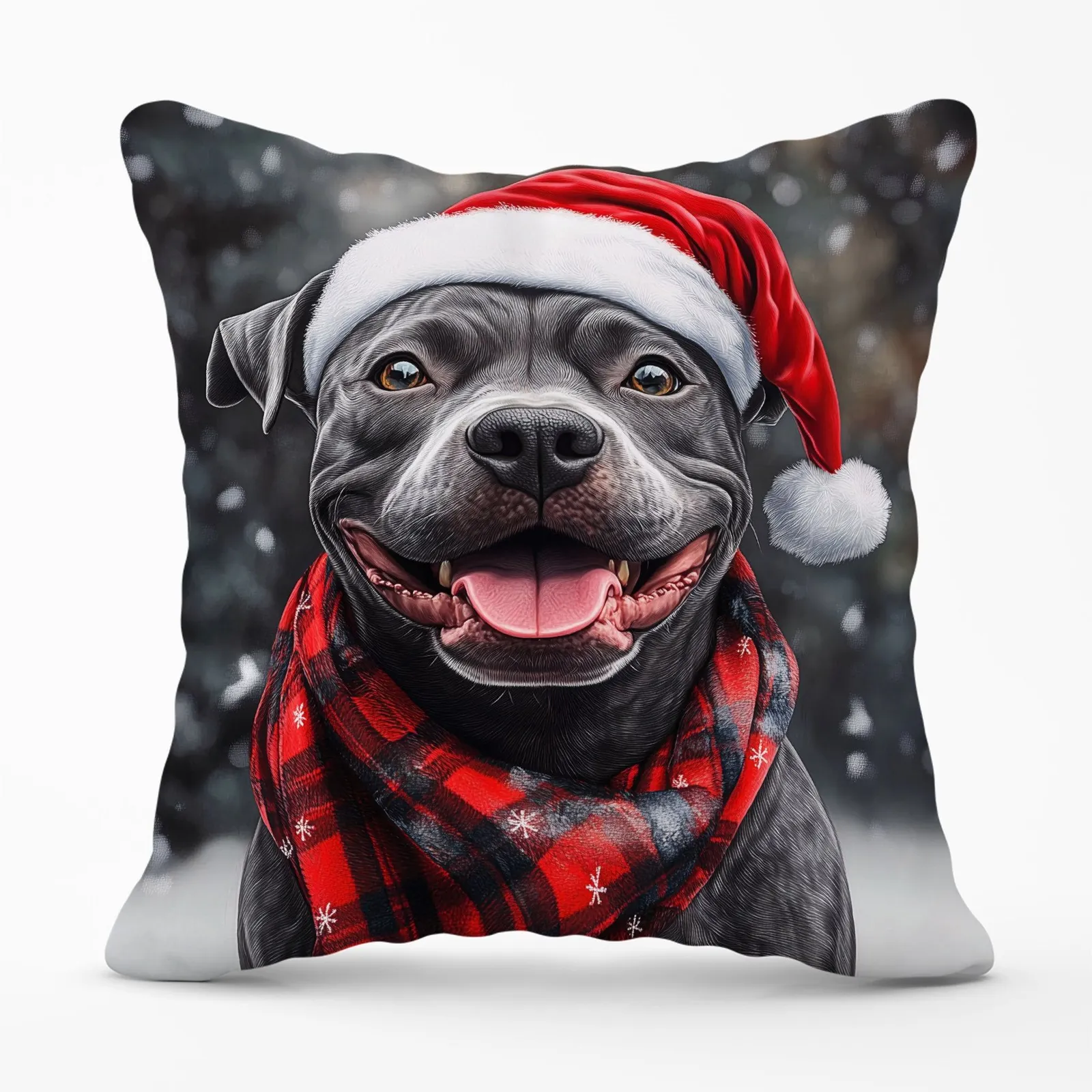 Warren Reed - Designer Christmas Staffordshire Bull Terrier Cushion in Black