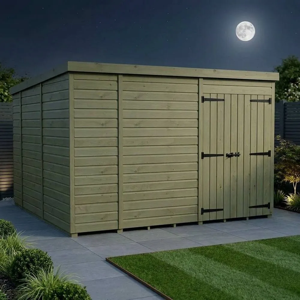 Buttercup Farm 10ft x 10ft Pent Garden Shed Double Door No Windows - Timber in Brown 3