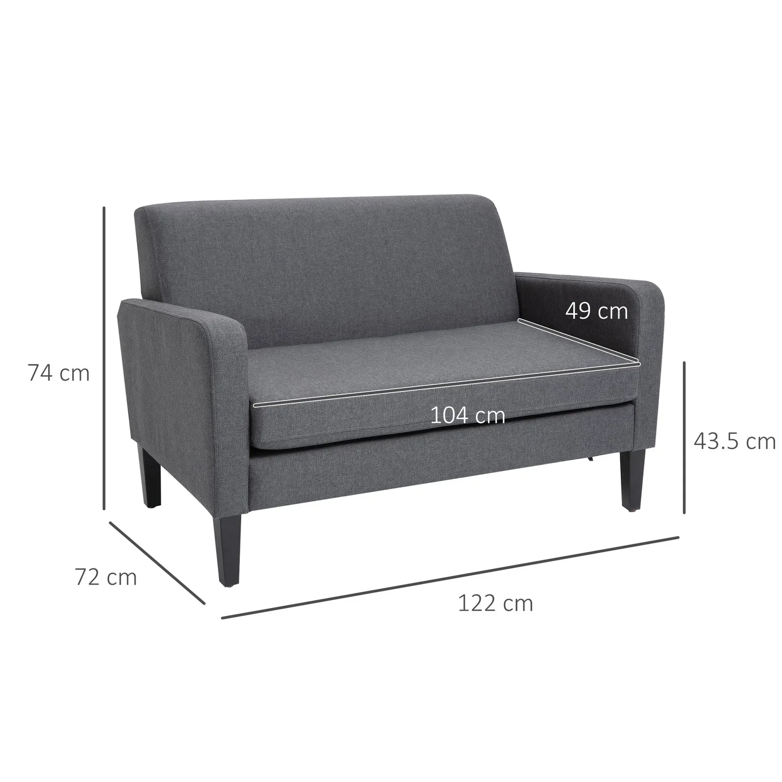 HOMCOM Linen Modern-Curved 2-Seat Sofa Loveseat with Thick Cushion Wood Legs in Grey 3