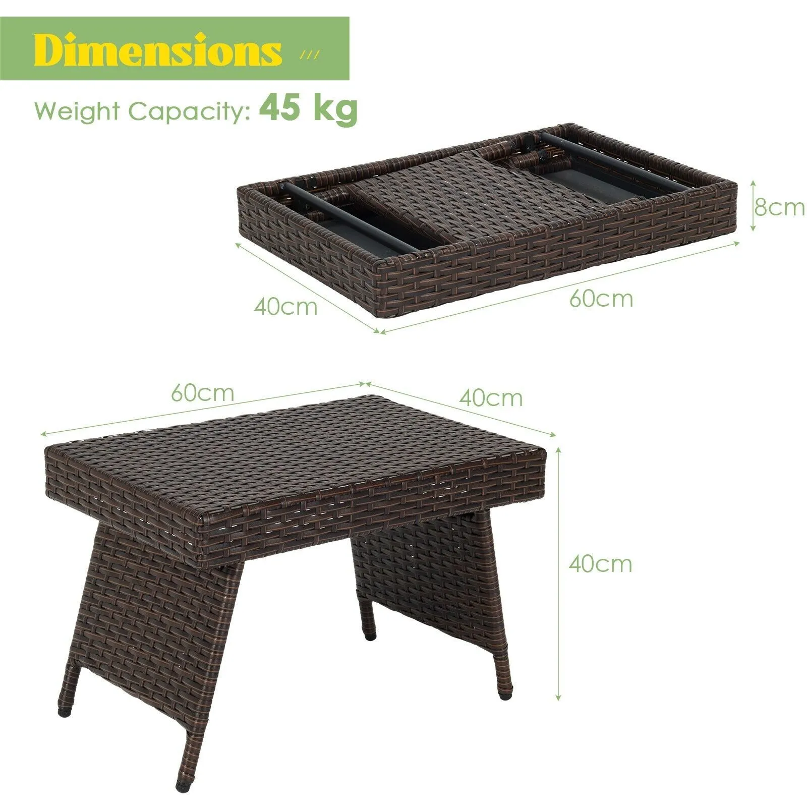 Costway Wicker Coffee Table Folding Outdoor Patio Rattan Side Table in Brown 2