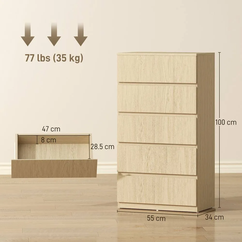 HOMCOM Bedroom Chest of Drawers, 5 Drawers Dresser, Drawer Unit, Natural 3