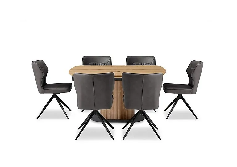Jayden Pop Up Extending Dining Table and 6 Faux Leather Swivel Chairs - 140-cm - Dark Grey