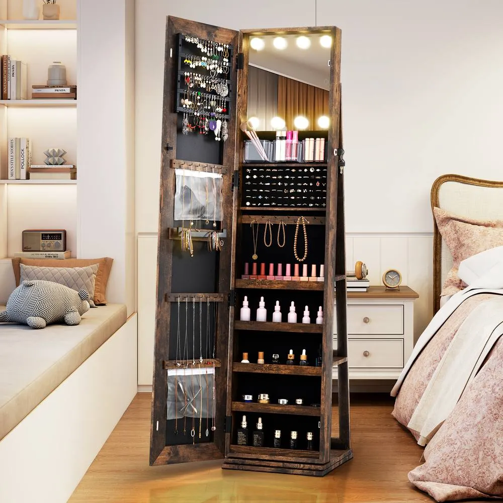 Costway 360° Swivel Jewelry Cabinet Freestanding Jewelry Storage Organizer in Brown