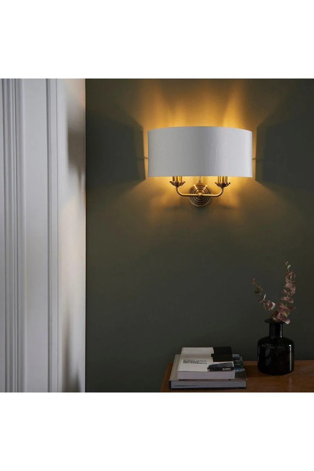 Netlighting Highclere Shade Wall Lamp Antique Brass Plate Vintage White Fabric in Gold 4