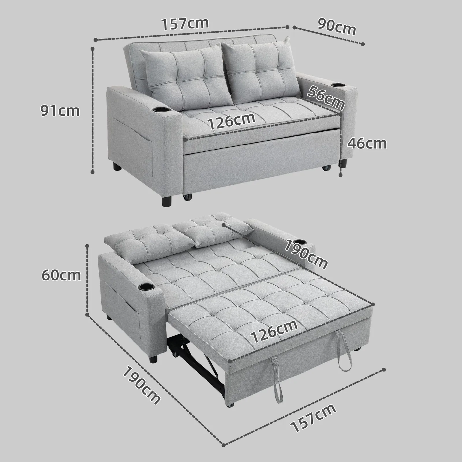 HOMCOM 2 Seater Pull Out Sofa Bed with Pockets for Living Room in Light Grey 3