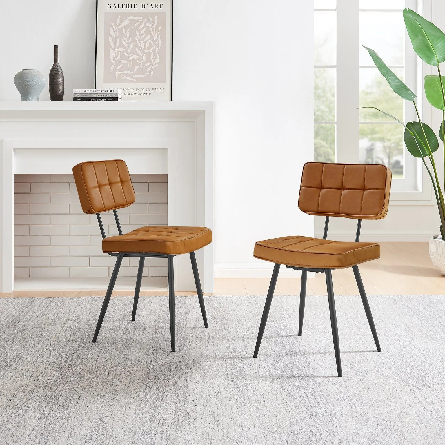 FurnitureboxUK Braxton 2x Tan Faux Leather Black Leg Dining Chair 2