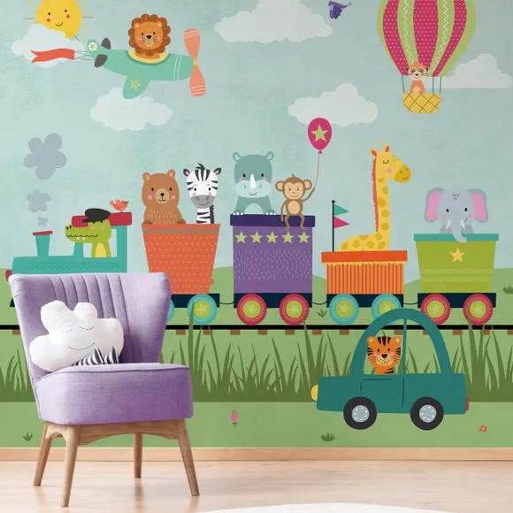 Kids Animal Party Train Wall Mural