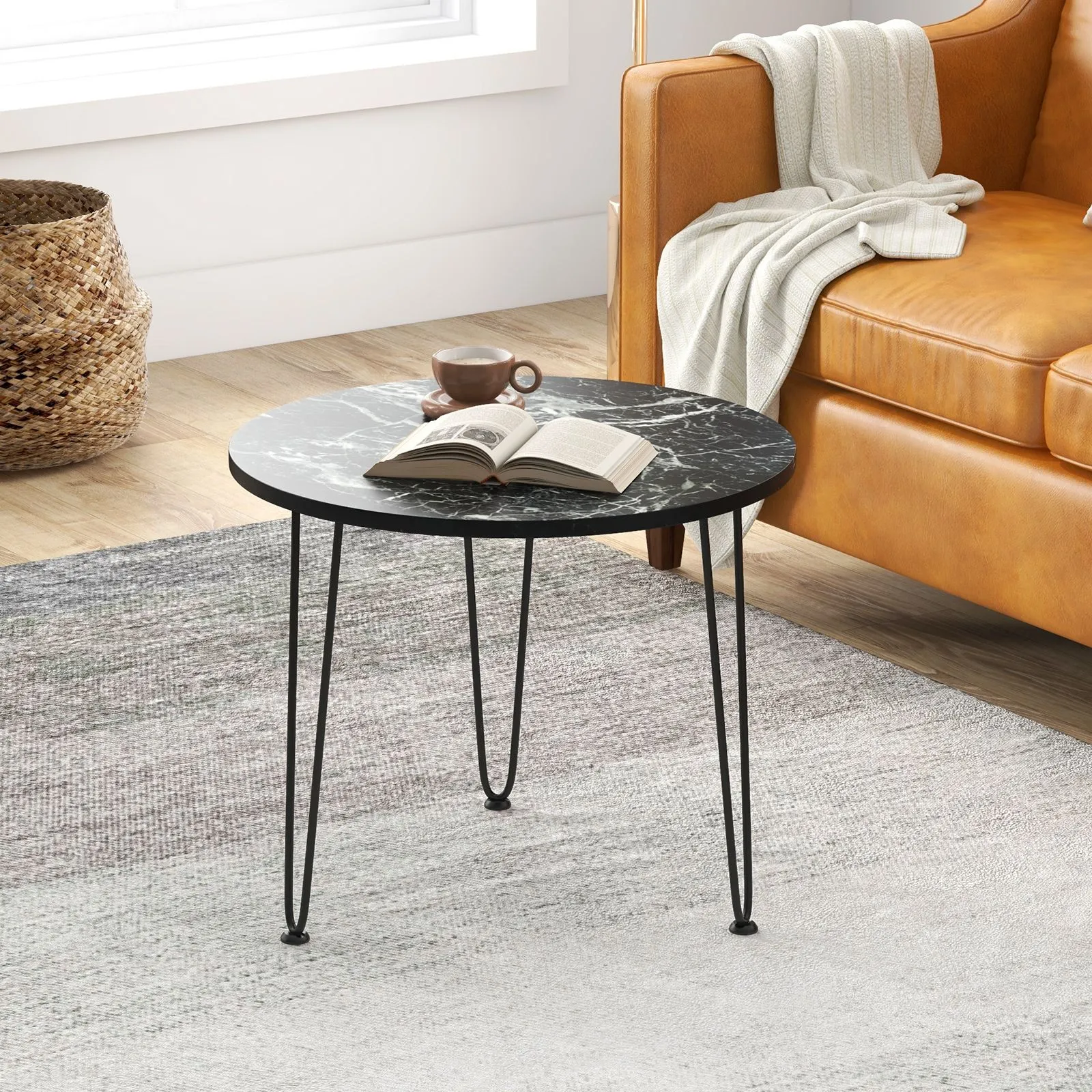 Costway Round Coffee Table Small Faux Marble Accent Table in Black 4