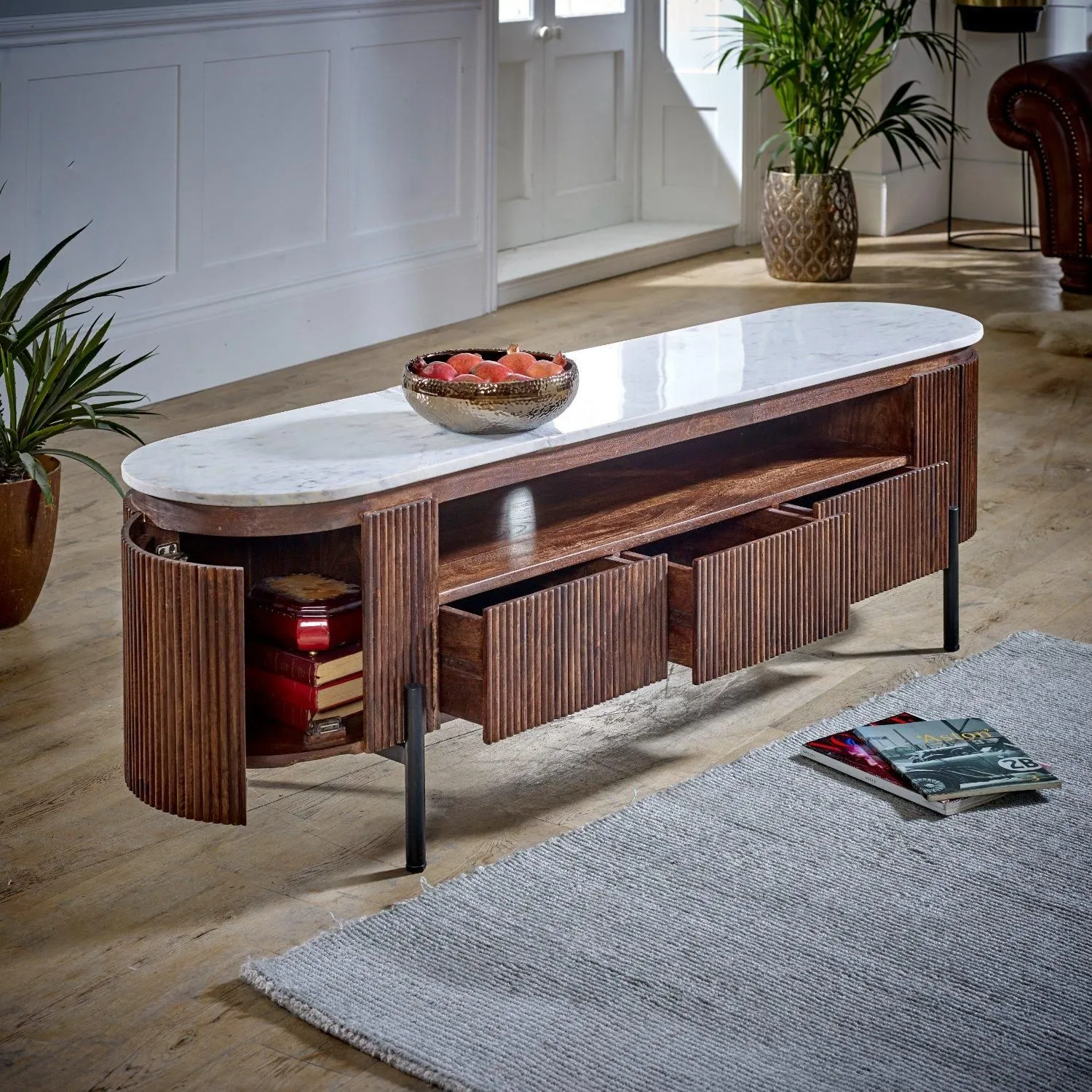 IH Design Tilden Mango Wood Large Tv Stand With Marble Top & Metal Legs in White 3