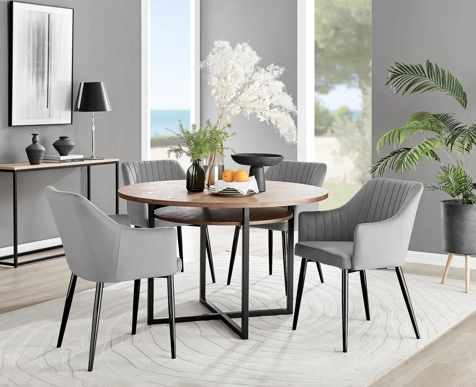 FurnitureboxUK Adley Brown Wood Storage Dining Table & 4 Calla Black Leg Chairs in Grey 1
