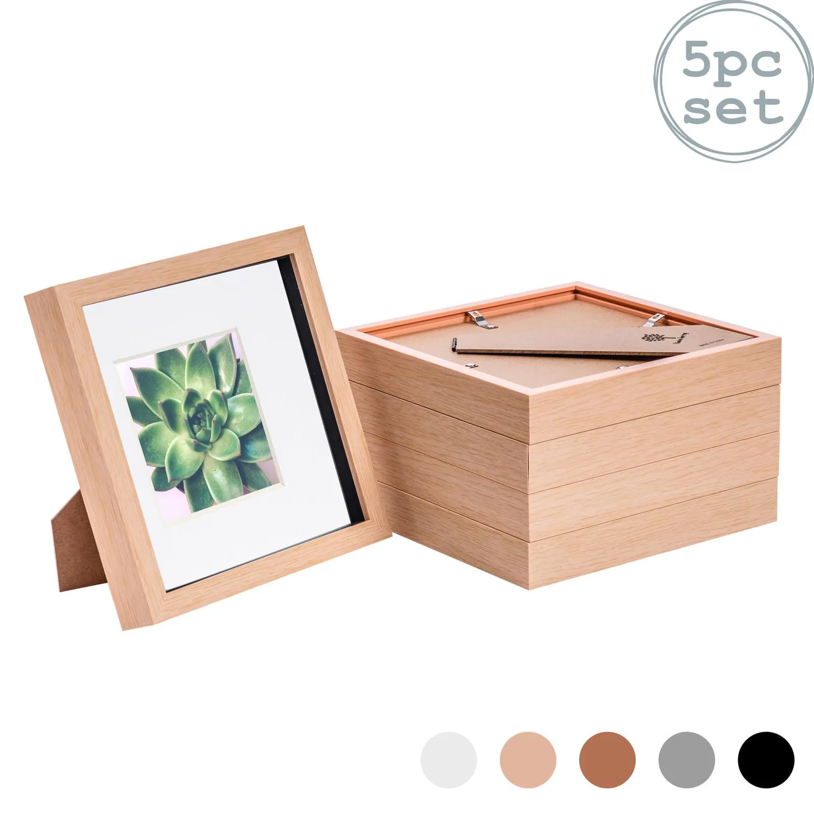Nicola Spring 3D Box Photo Frames - 8 x 8" with 4 x 4" Mount - Ivory Mount - Pack of 5 in Light Brown