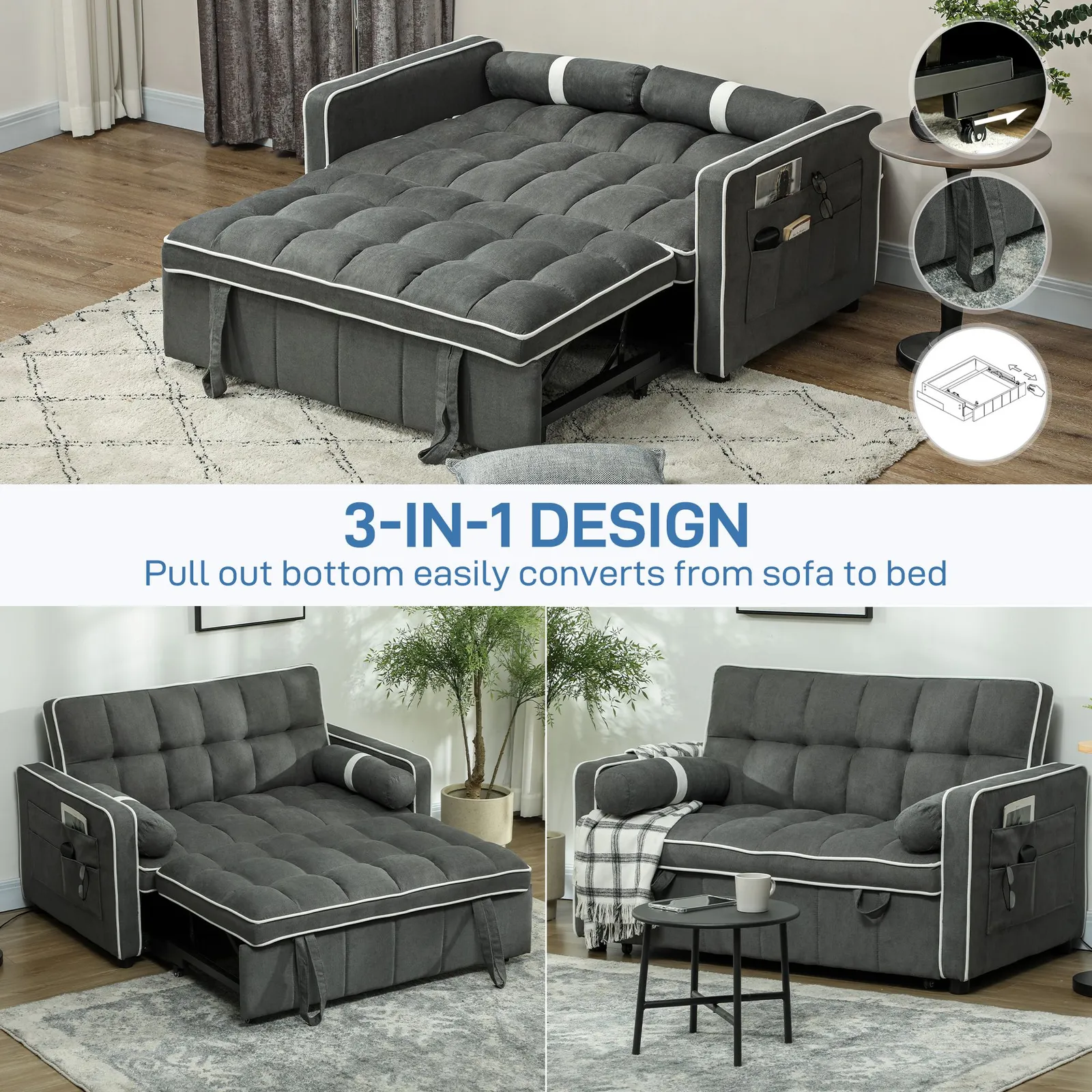 HOMCOM 2 Seater Pull Out Sofa Bed with Adjustable Backrest in Dark Grey 4