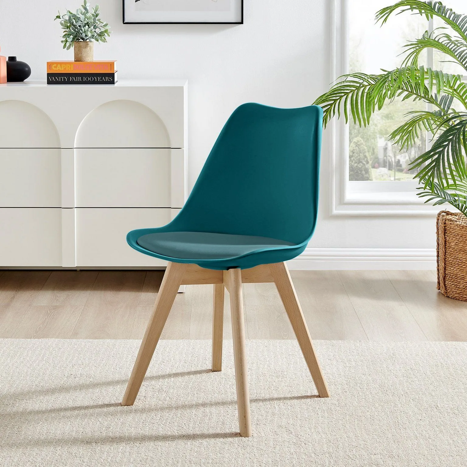FurnitureboxUK Set of 2 Stockholm Natural Birch Wood Scandi Minimalist Dining Chairs with Faux Leather Cushion in Teal 2