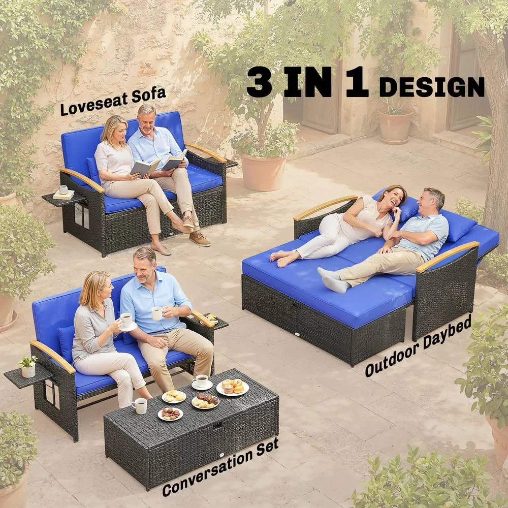 OUTSUNNY Double Garden Rattan Daybed with Storage Ottoman, Brown in Blue 4