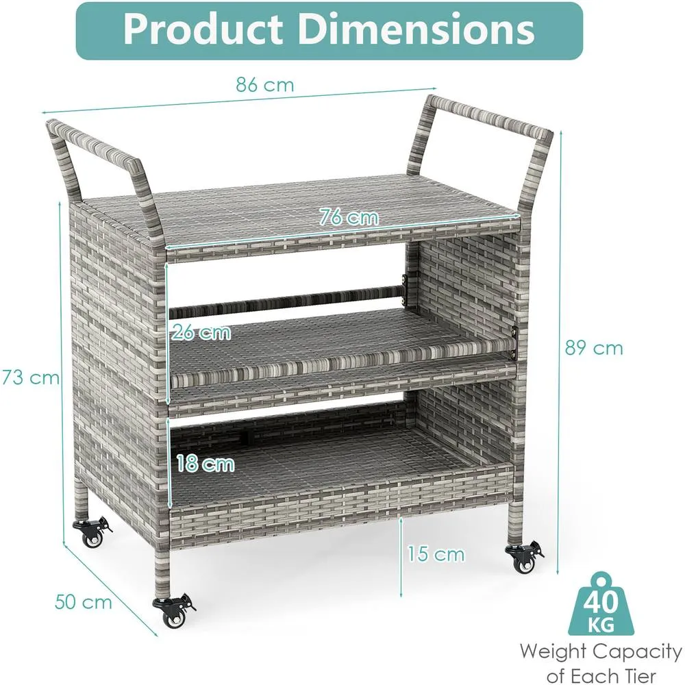Costway Outdoor Bar Cart 3-Tier Patio Rattan Storage Wheels in Grey 2