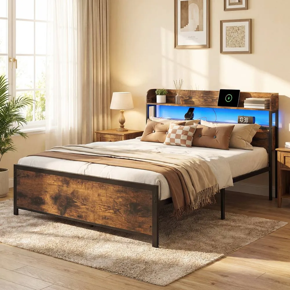 Costway King Size Platform Bed Bed Frame with LED Lights & Power Outlets in Brown 3