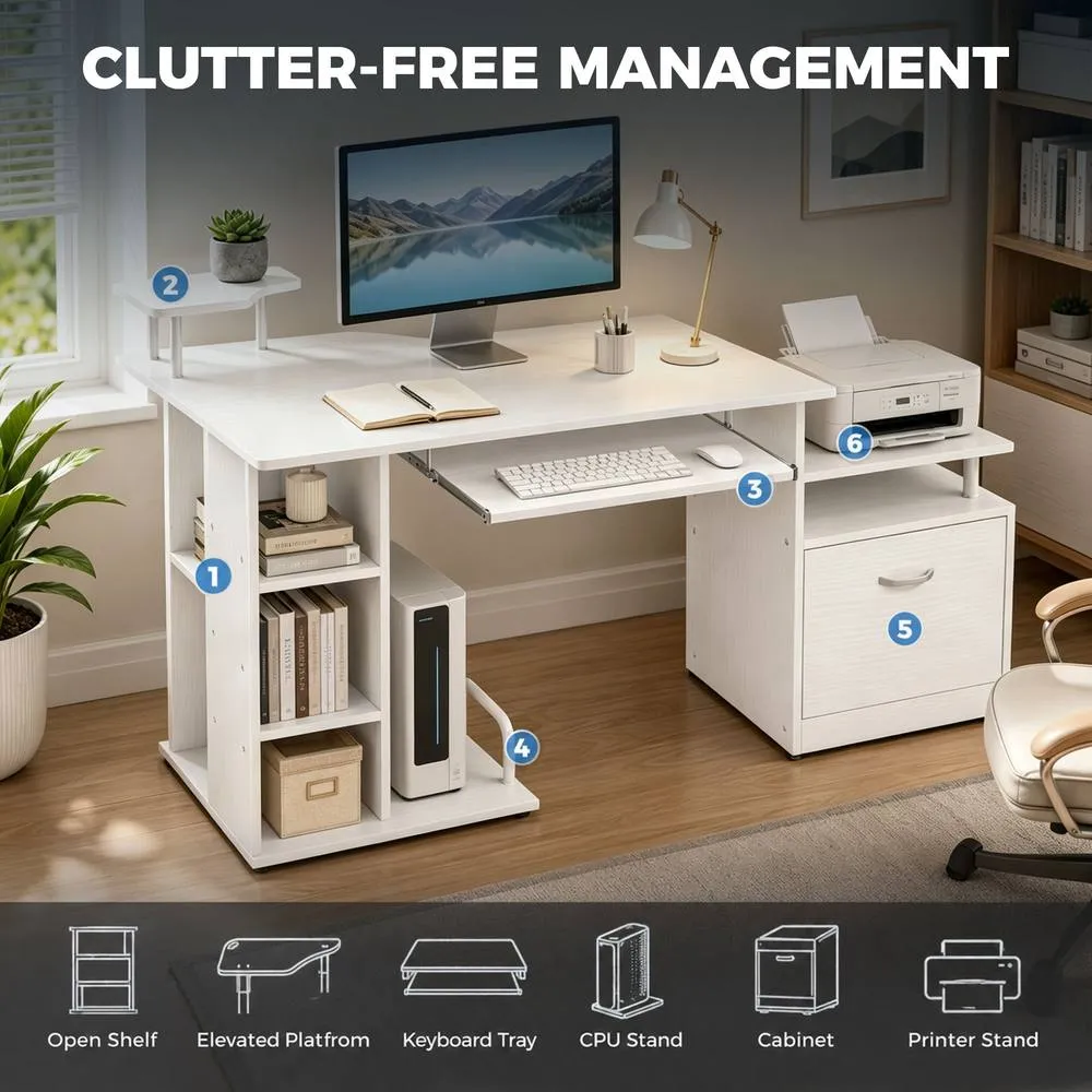 HOMCOM Wood Computer Desk Laptop Workstation Drawer Shelf for Home Office in White 4