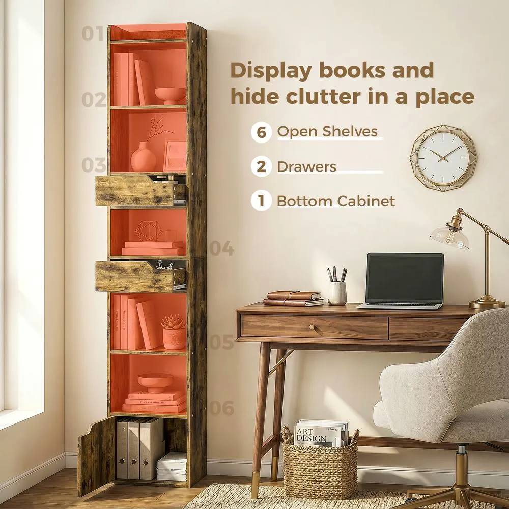 HOMCOM Bookcase Tall Narrow with 5 Tiers Drawers Rustic Brown 6