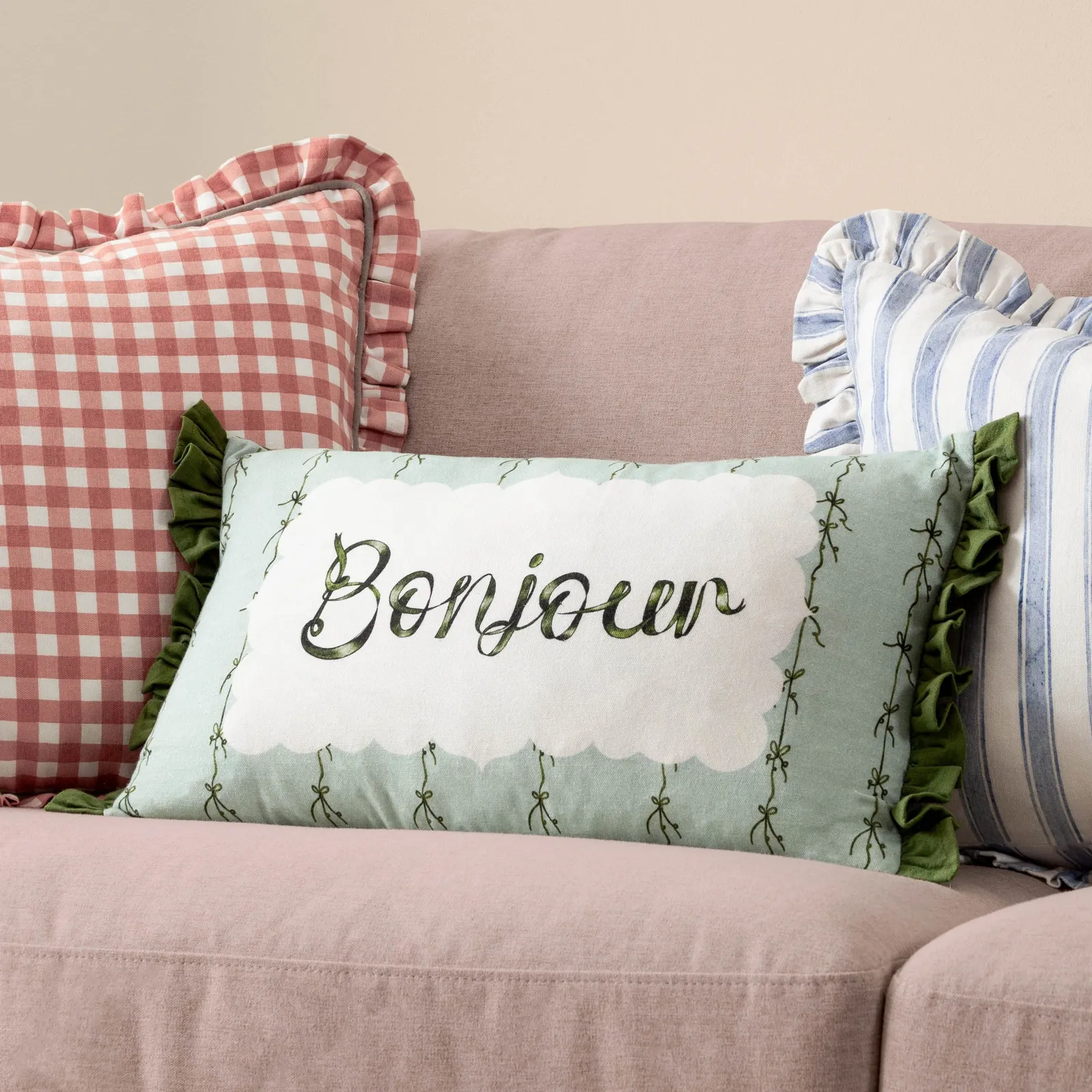 Furn Bonjour 100% Cotton Ruffle Cushion in Light Green