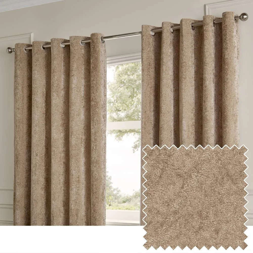 Paoletti Lustre Velvet Fully Lined Eyelet Curtain Pair in Beige