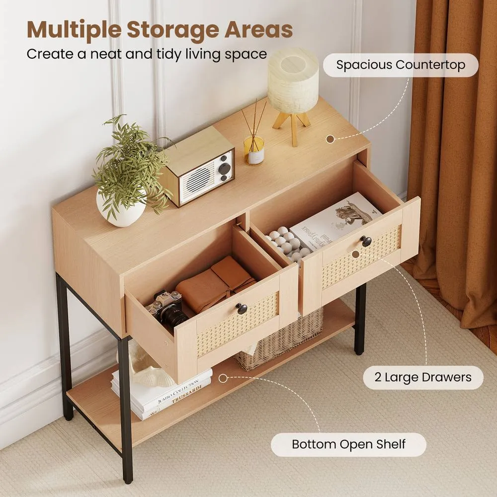 Costway 80CM Boho Console Table Modern Wooden Entryway Table w/2 Drawers in Natural 6