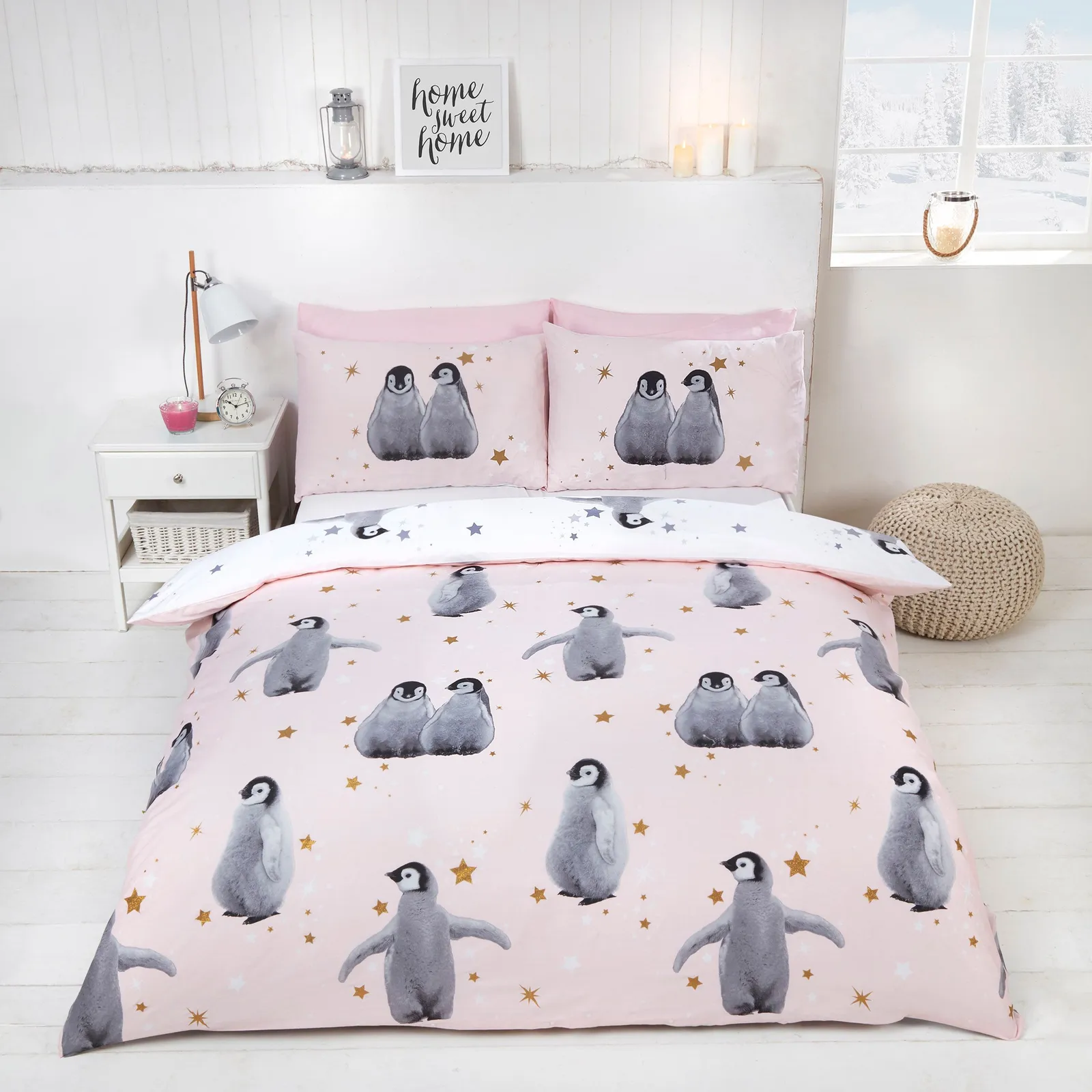 Rapport Home Starry Penguins Polycotton Duvet Cover Set With Pillowcase in Pink